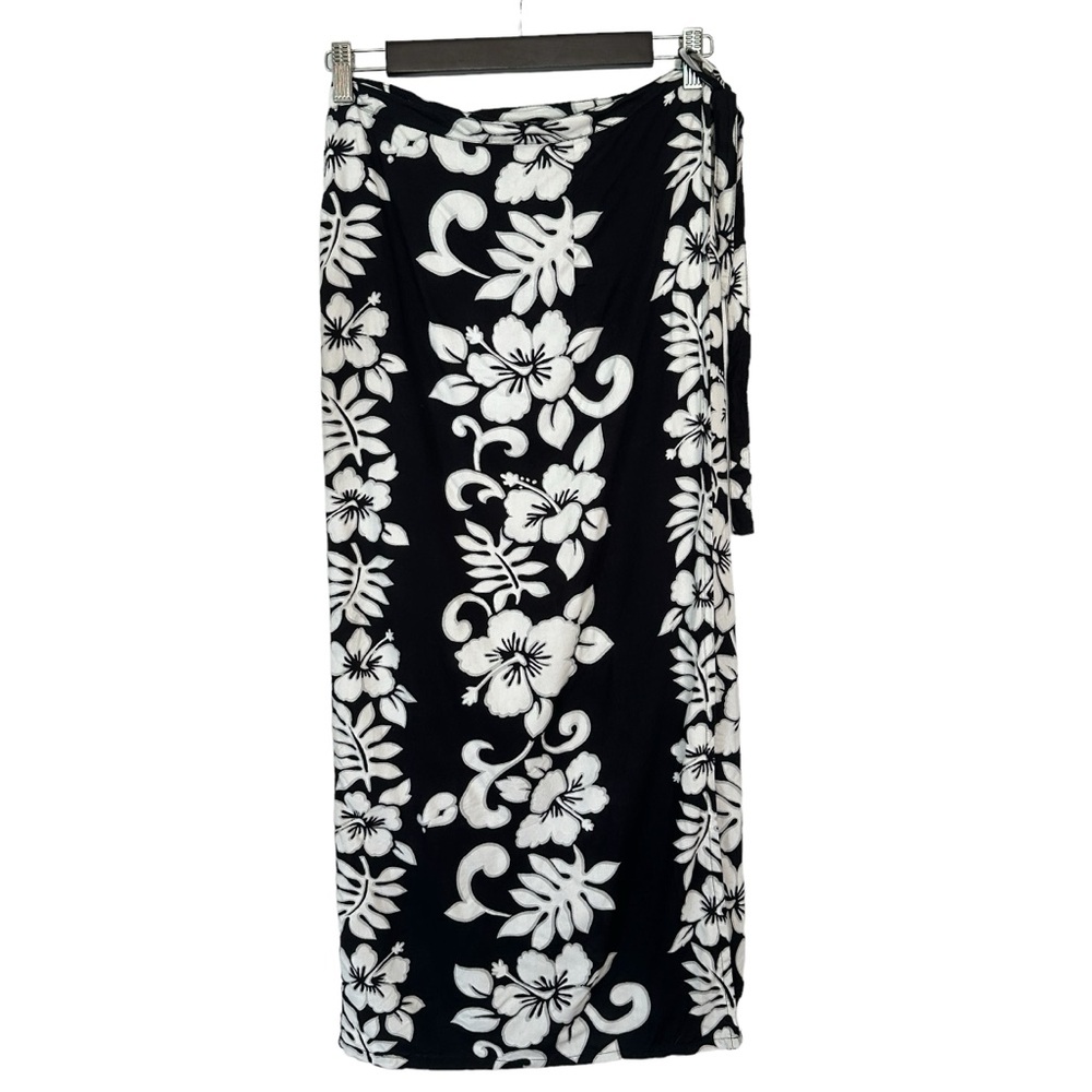 Santa Monica Leisure Hawaiian Tropical Wraparound‎ Maxi Skirt Black White